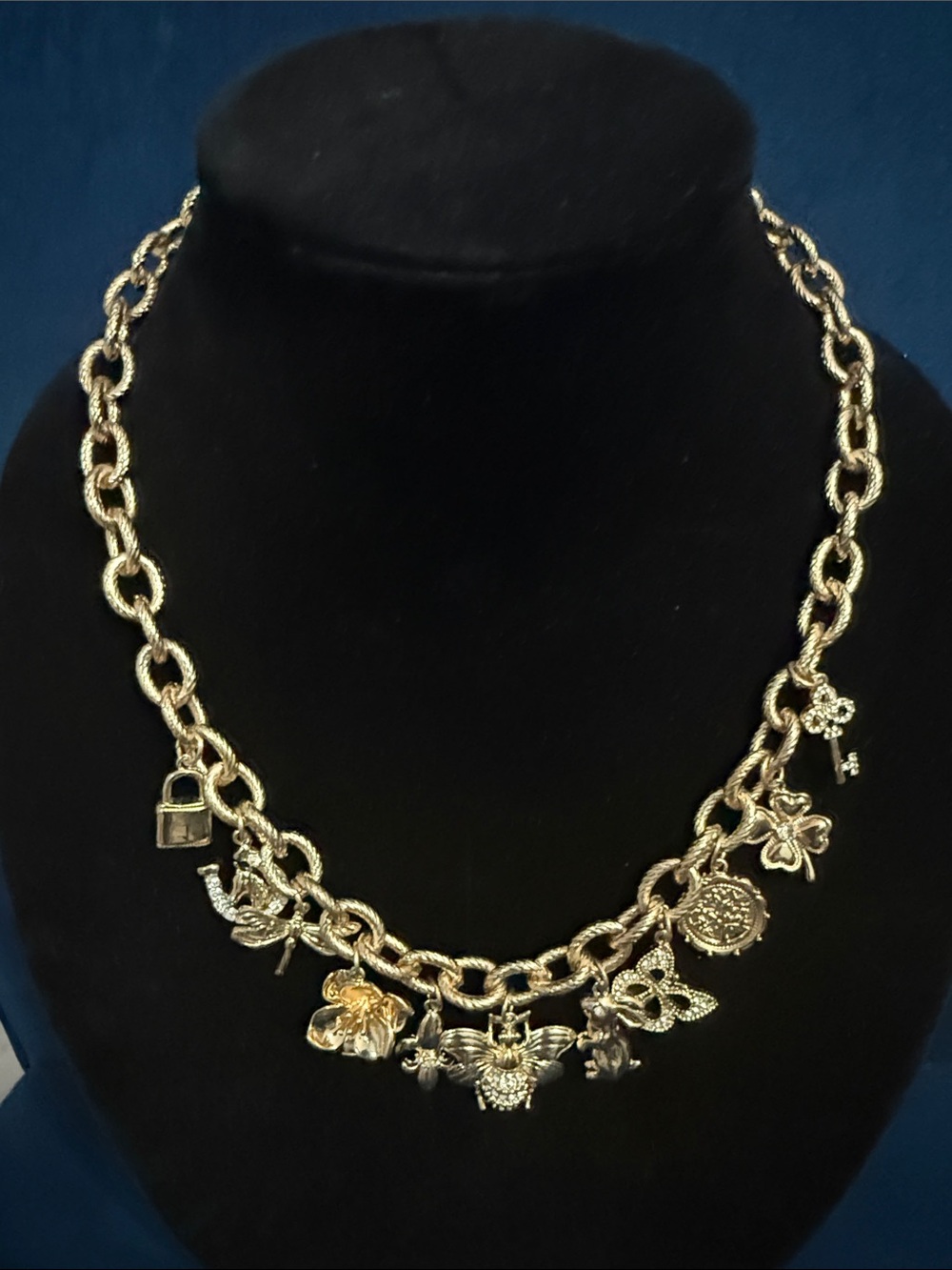 Vintage Charter Club Gold Multi-Charm Statement Necklace Chunky Chain